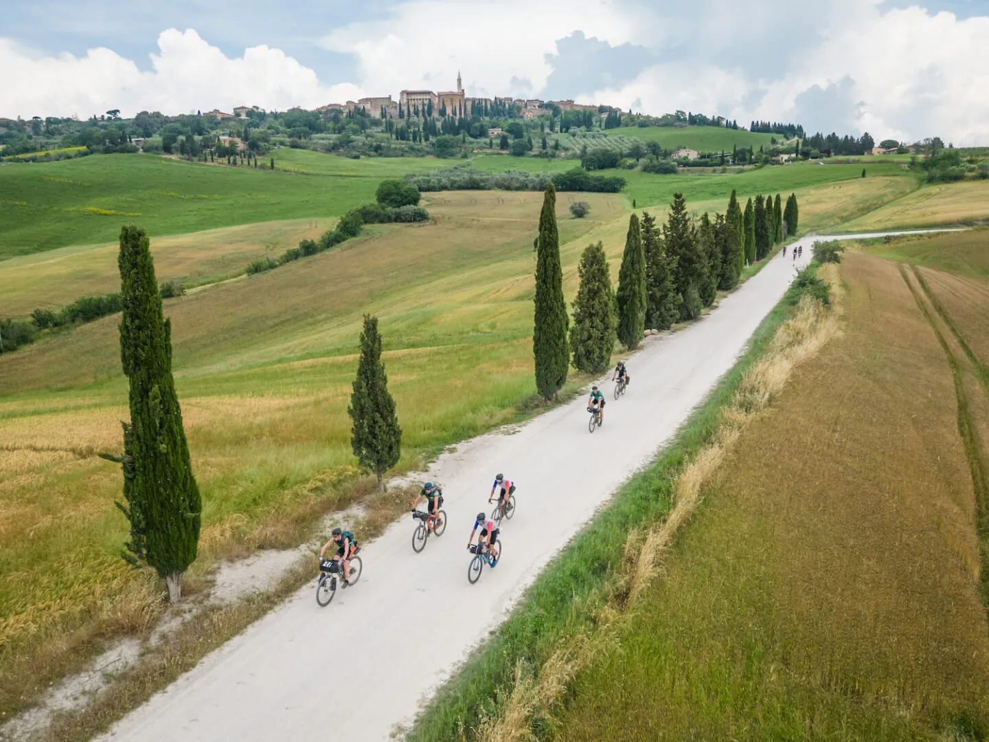 Una strada bianca fiancheggiata dai cipressi, vista dall'alto